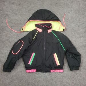 Vintage Snow Jacket Boys‎ Large Black Neon Zip Up Snowboard Outdoor Retro Kids